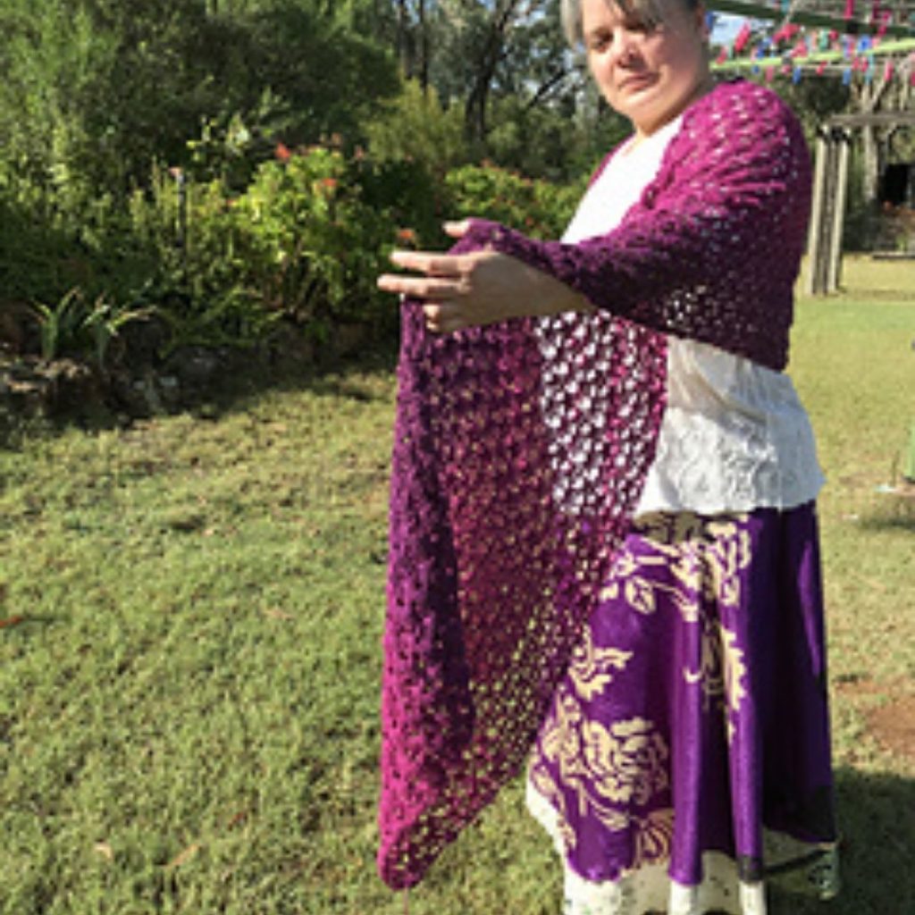 Carmel test version of oversized summer lace crochet shawl pattern Narcissus