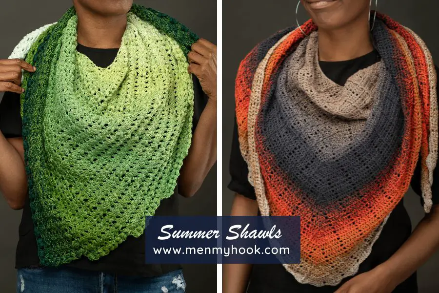 Summer Shawl Crochet Patterns Side by side image of 2 shawls from the collection